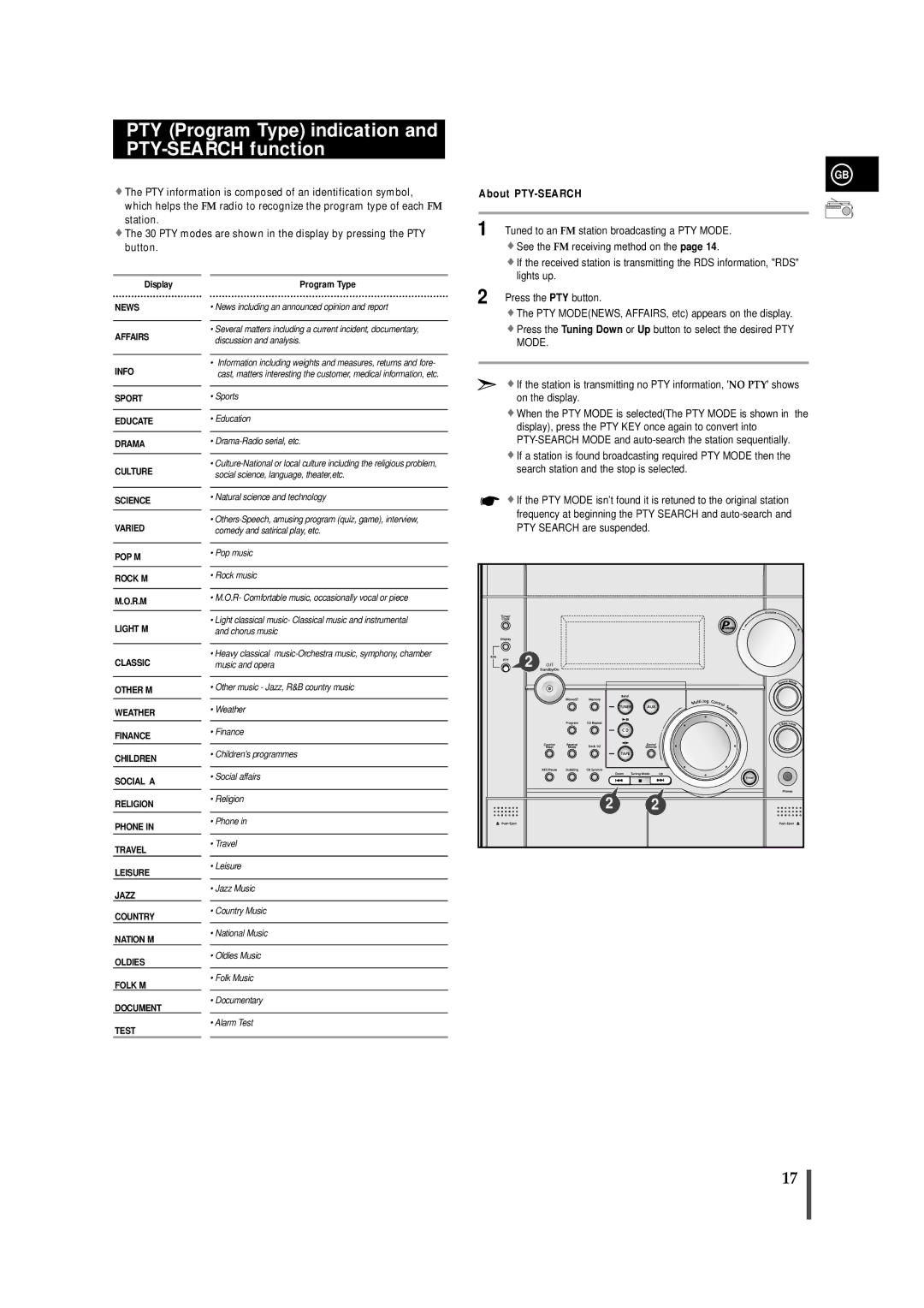 Samsung MAXS720SRH/ELS, MAXS720RH/ELS, MAXS720RH/XEF PTY Program Type indication and PTY-SEARCH function, About PTY-SEARCH 