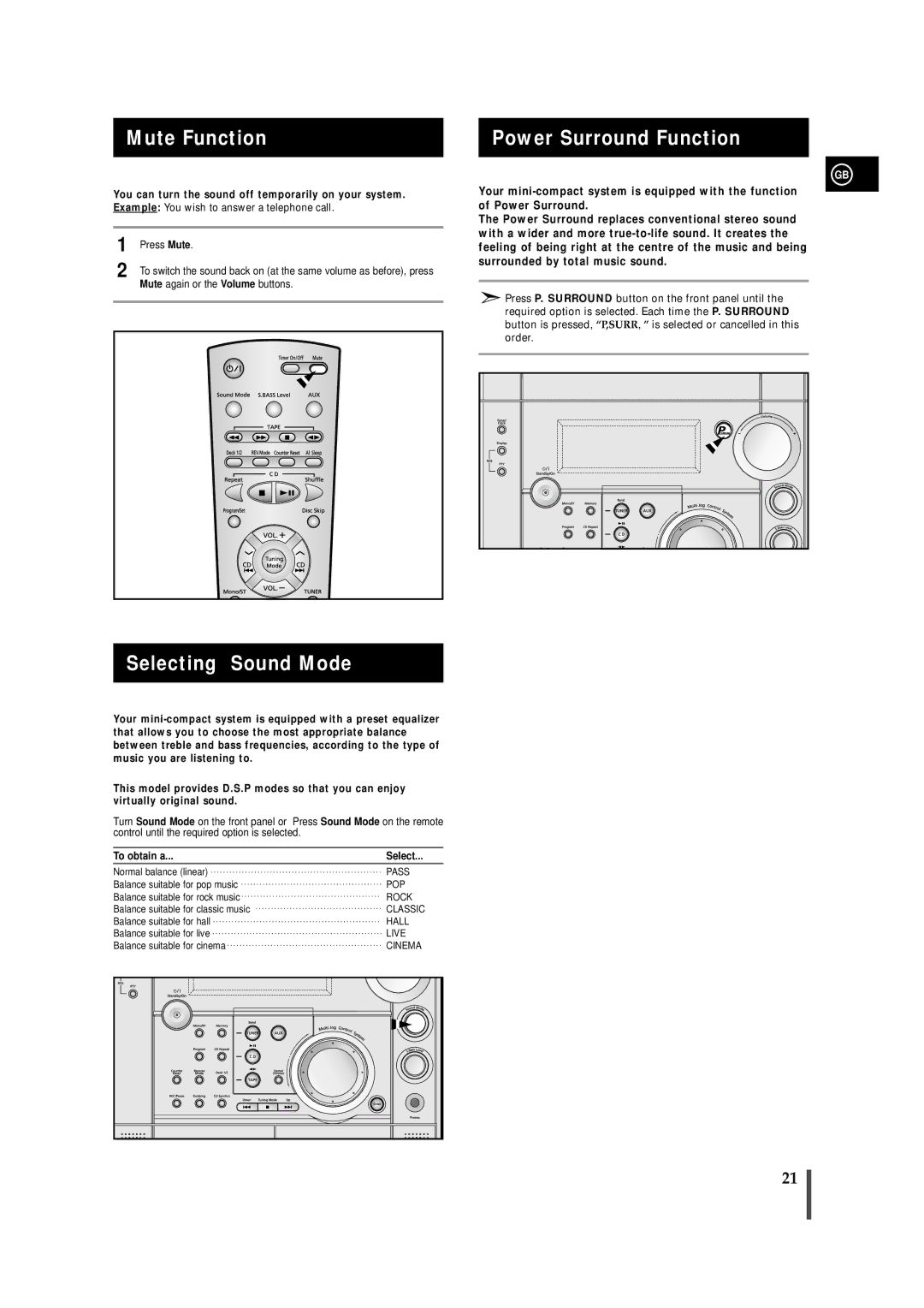 Samsung MAXS720RH/ELS, MAXS720RH/XEF manual Mute Function, Selecting Sound Mode, Power Surround Function, To obtain a Select 