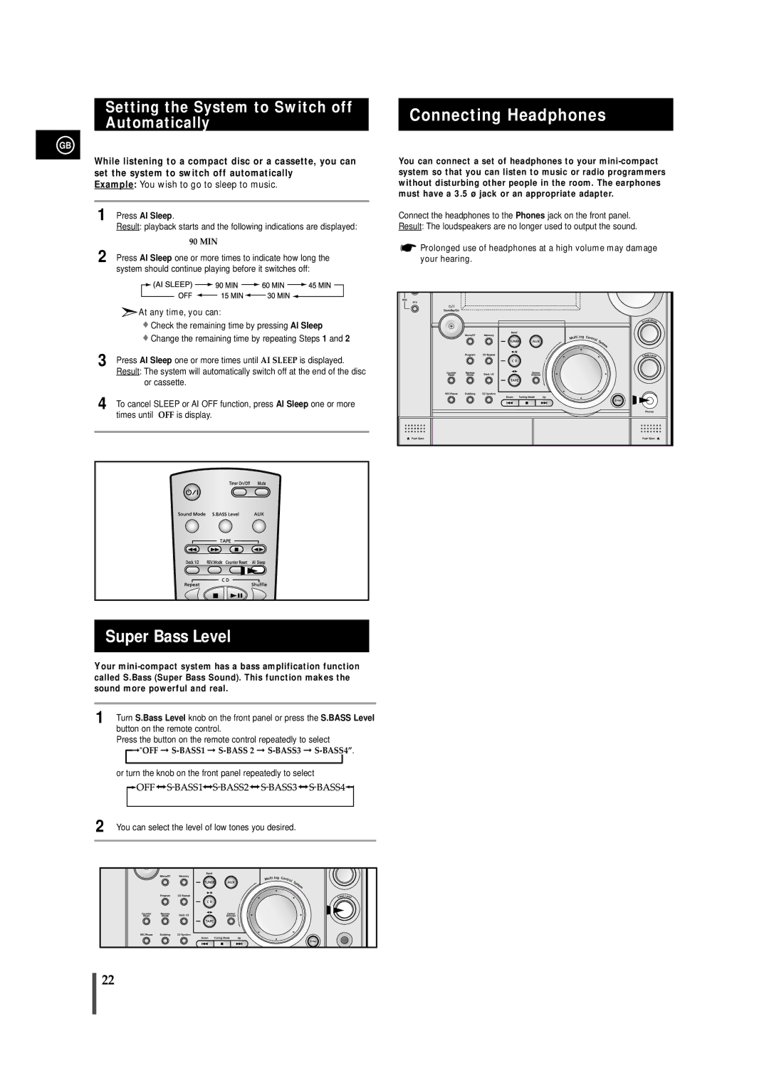 Samsung MAXS720RH/XEF manual Super Bass Level, Connecting Headphones, Setting the System to Switch off Automatically 