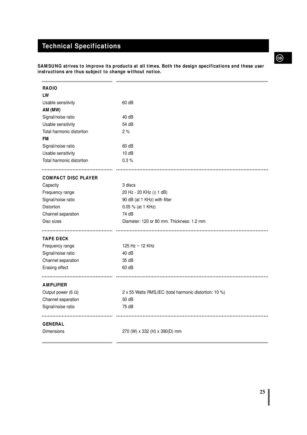 Samsung MAXS720RH/XEF, MAXS720RH/ELS, MAXS720SRH/ELS manual Technical Specifications, Compact Disc Player 