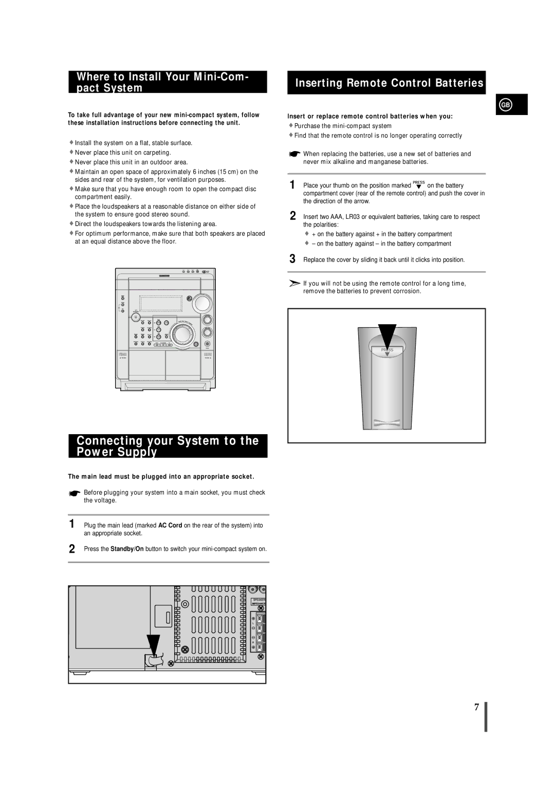 Samsung MAXS720RH/XEF manual Connecting your System to the Power Supply, Where to Install Your Mini-Com- pact System 