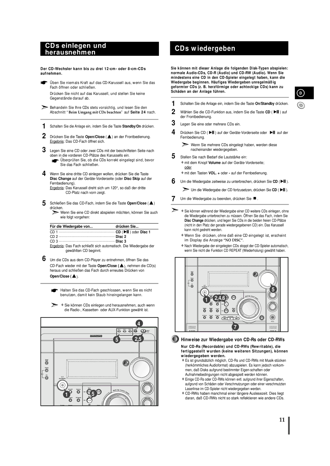 Samsung MAXS720RH/ELS CDs wiedergeben, CDs einlegen und herausnehmen, Fü r die Wiedergabe von Drü cken Sie Oder Disc, Auf 