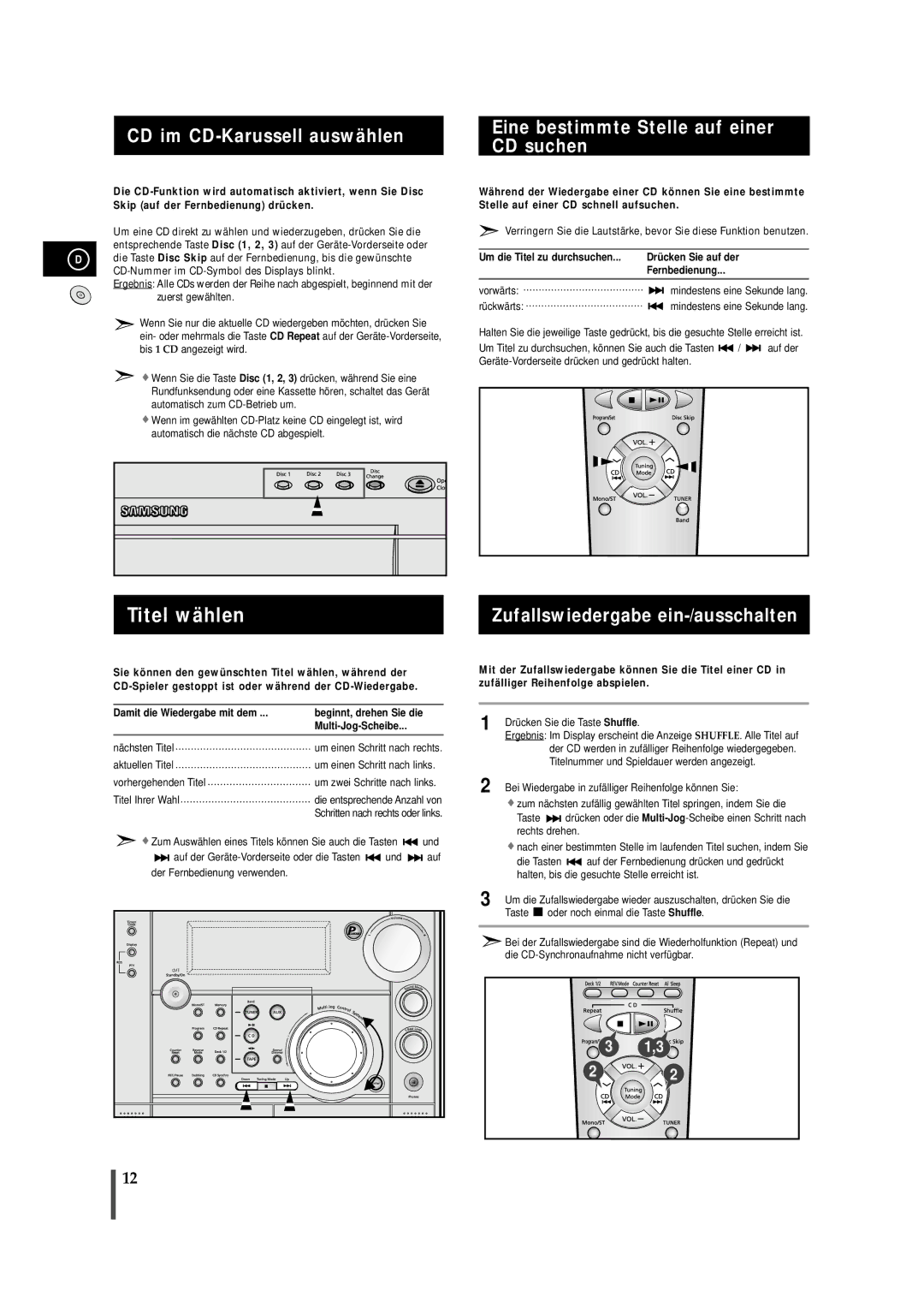 Samsung MAXS720RH/ELS Titel wählen, CD im CD-Karussell auswählen, Eine bestimmte Stelle auf einer CD suchen, Rückwärts 