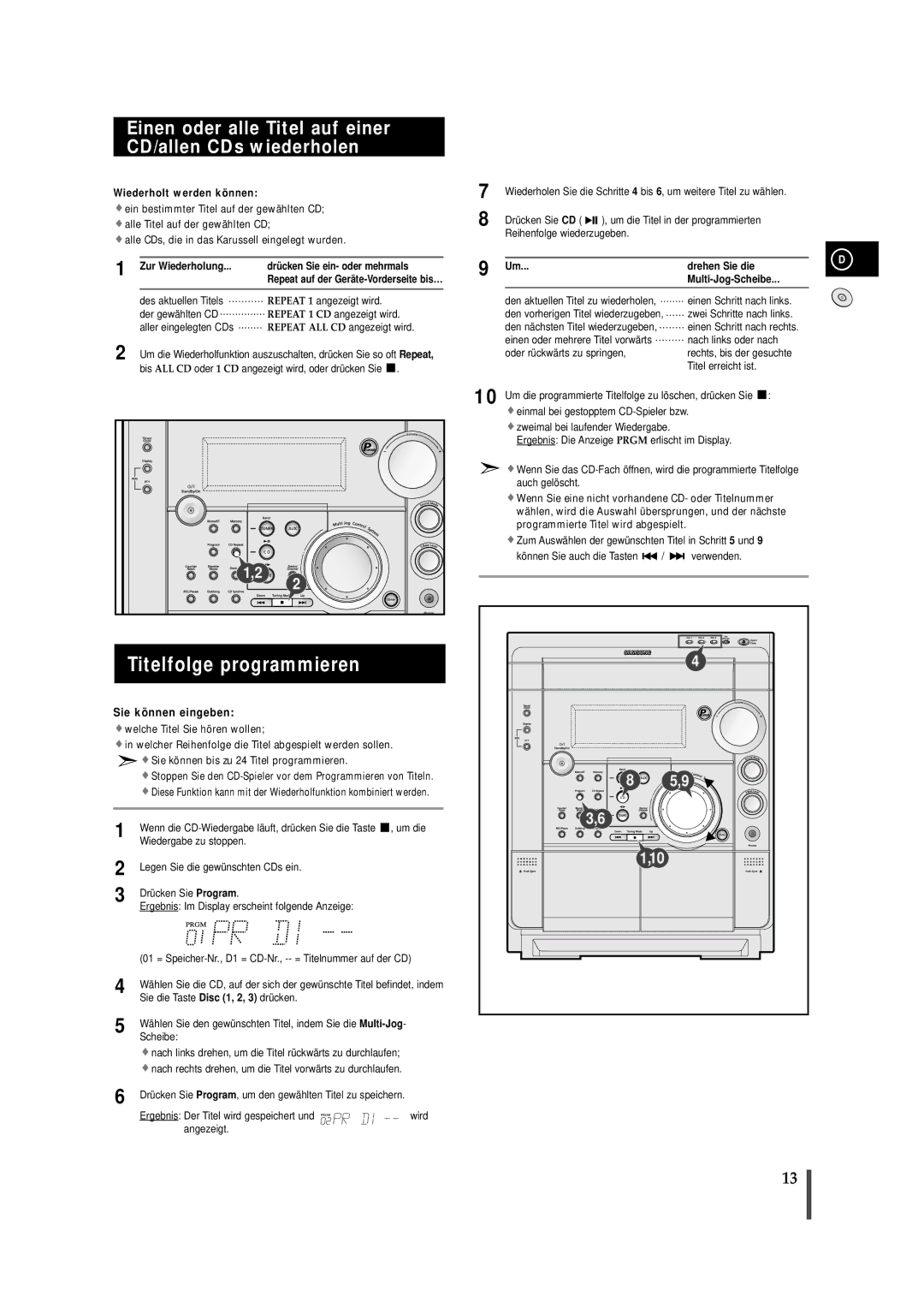 Samsung MAXS720RH/ELS manual Titelfolge programmieren, Einen oder alle Titel auf einer CD/allen CDs wiederholen 