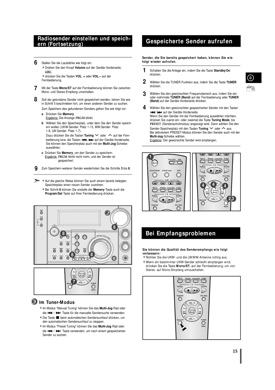 Samsung MAXS720RH/ELS manual Gespeicherte Sender aufrufen, Bei Empfangsproblemen 