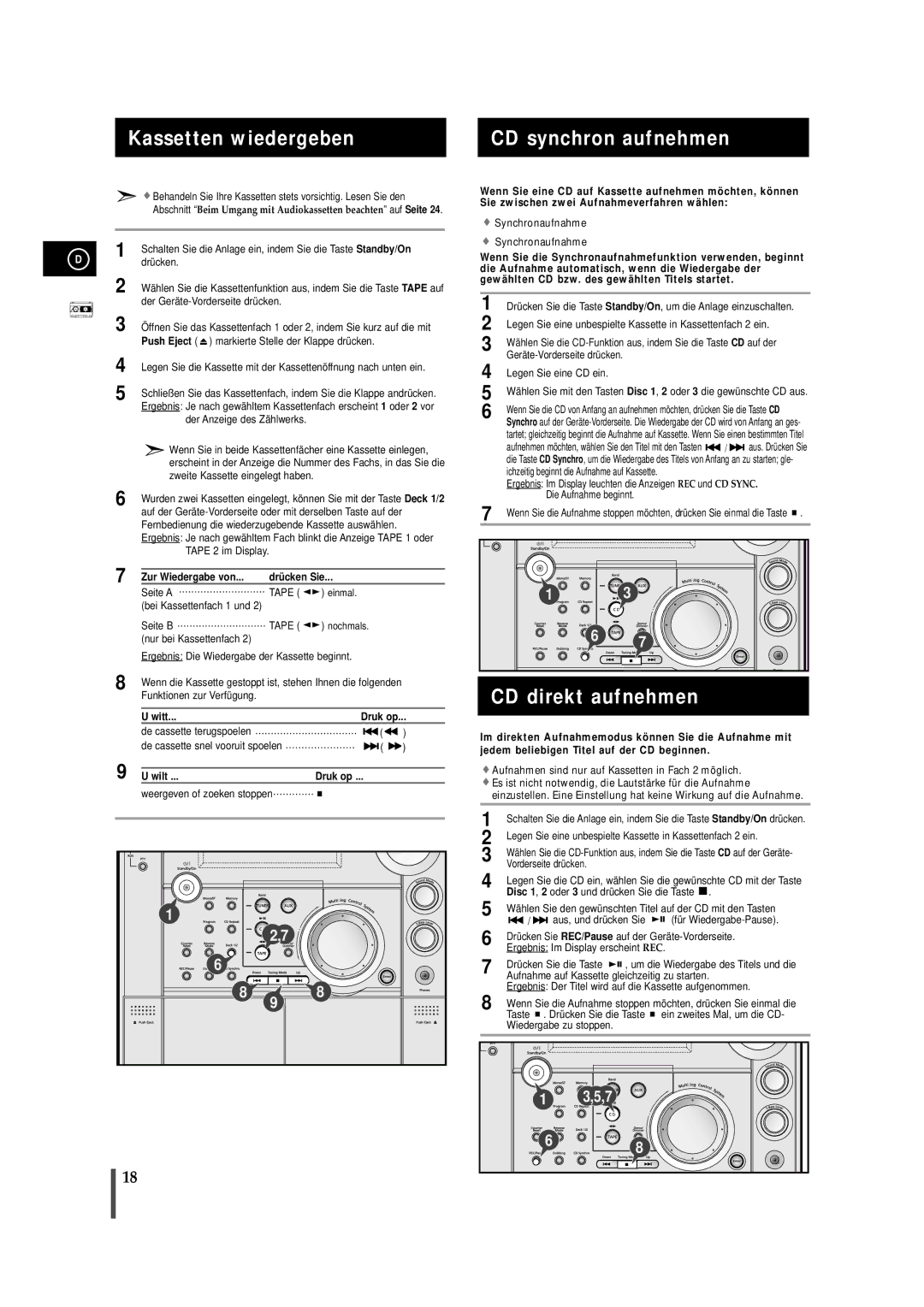 Samsung MAXS720RH/ELS Kassetten wiedergeben CD synchron aufnehmen, CD direkt aufnehmen, Zur Wiedergabe von Drücken Sie 