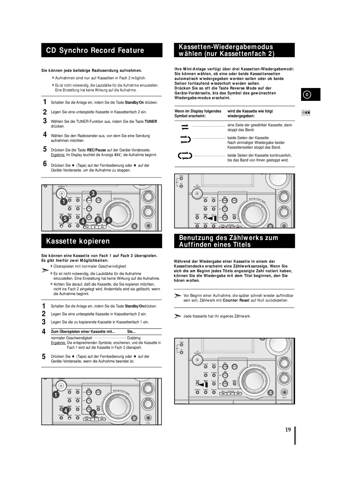 Samsung MAXS720RH/ELS CD Synchro Record Feature, Kassette kopieren, Kassetten-Wiedergabemodus wählen nur Kassettenfach 