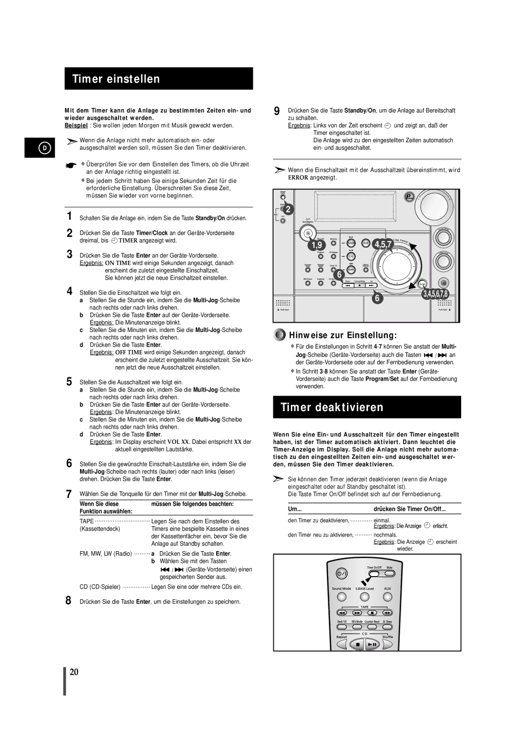 Samsung MAXS720RH/ELS manual Timer einstellen, Timer deaktivieren, Drü cken Sie Timer On/Off 