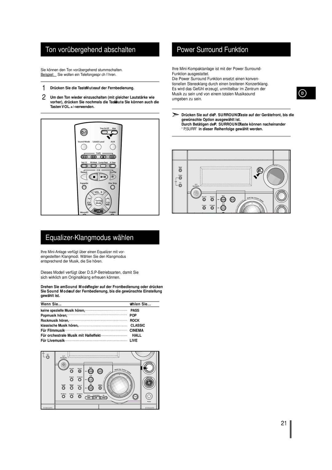 Samsung MAXS720RH/ELS manual Ton vorübergehend abschalten Power Surround Funktion, Equalizer-Klangmodus wählen 