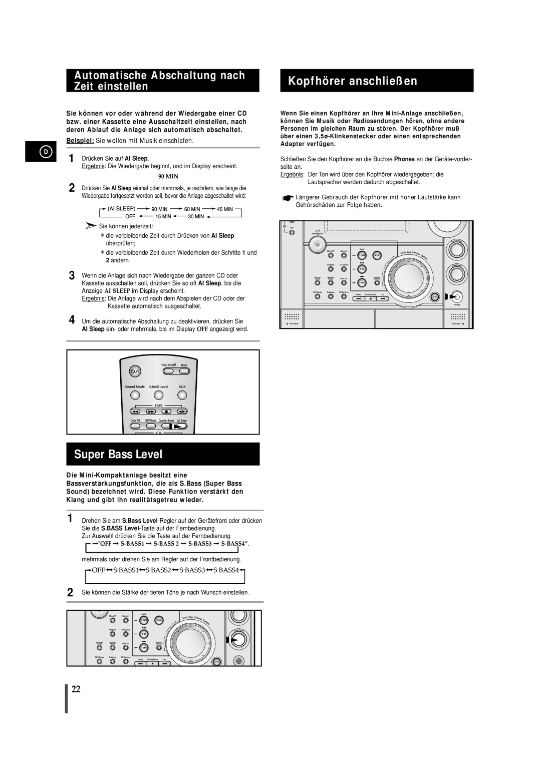 Samsung MAXS720RH/ELS manual Kopfhörer anschließen, Super Bass Level, Automatische Abschaltung nach, Zeit einstellen 