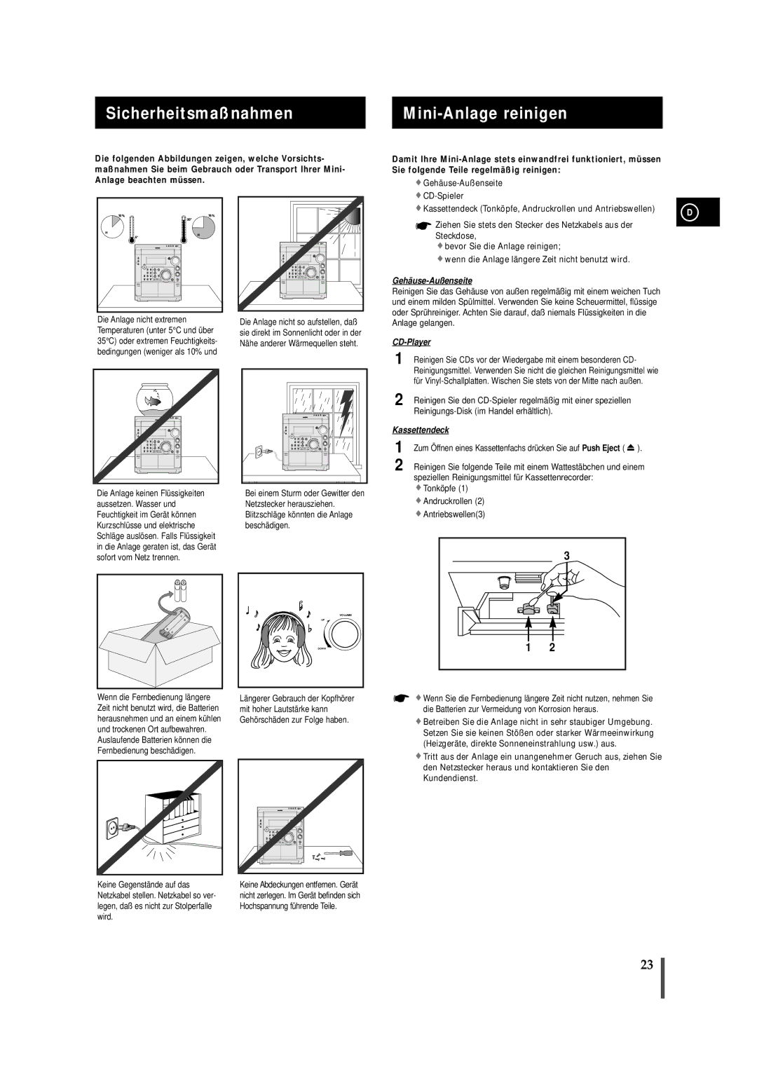 Samsung MAXS720RH/ELS manual Sicherheitsmaßnahmen Mini-Anlage reinigen 