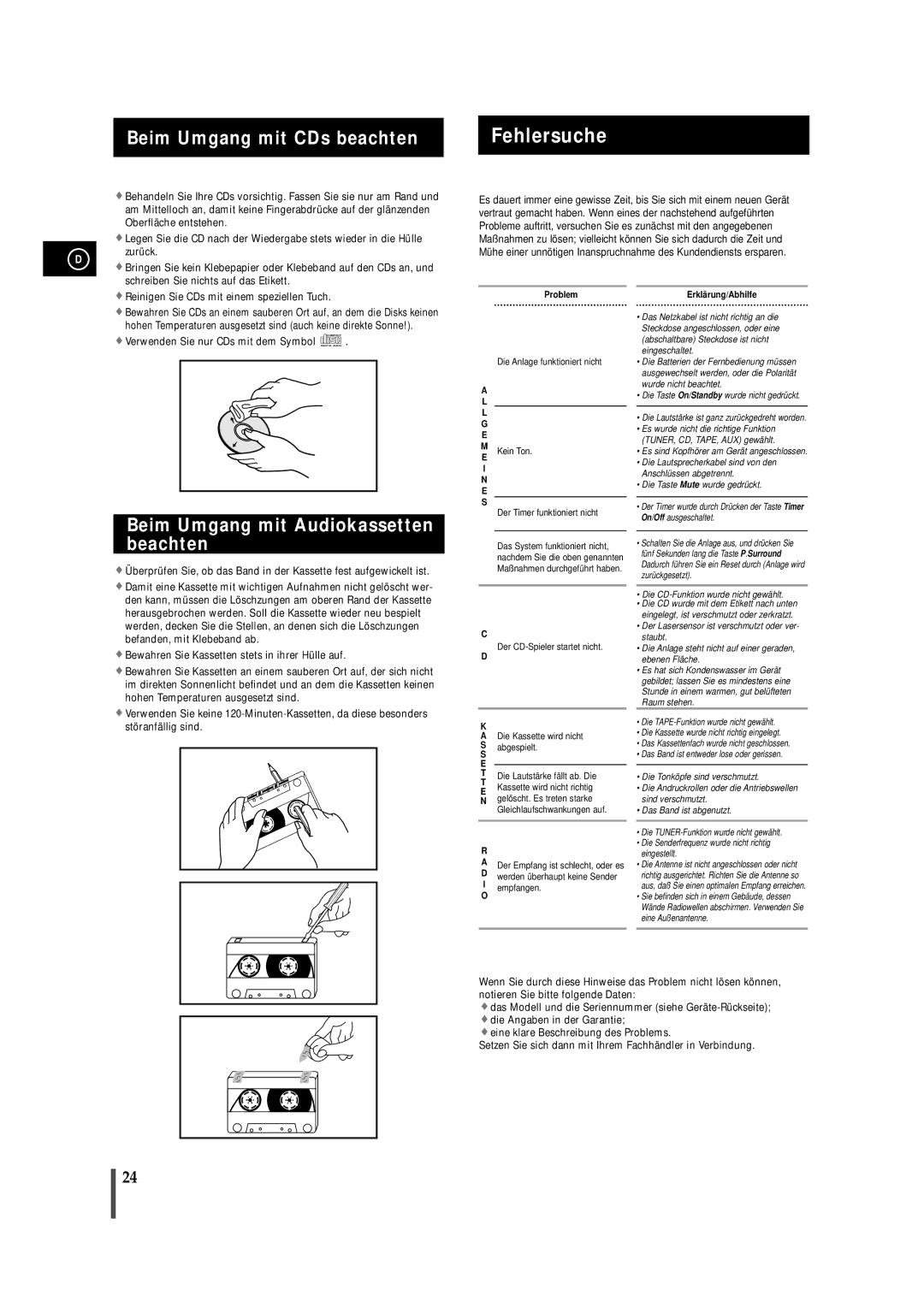 Samsung MAXS720RH/ELS manual Fehlersuche, Beim Umgang mit CDs beachten, Beim Umgang mit Audiokassetten beachten 