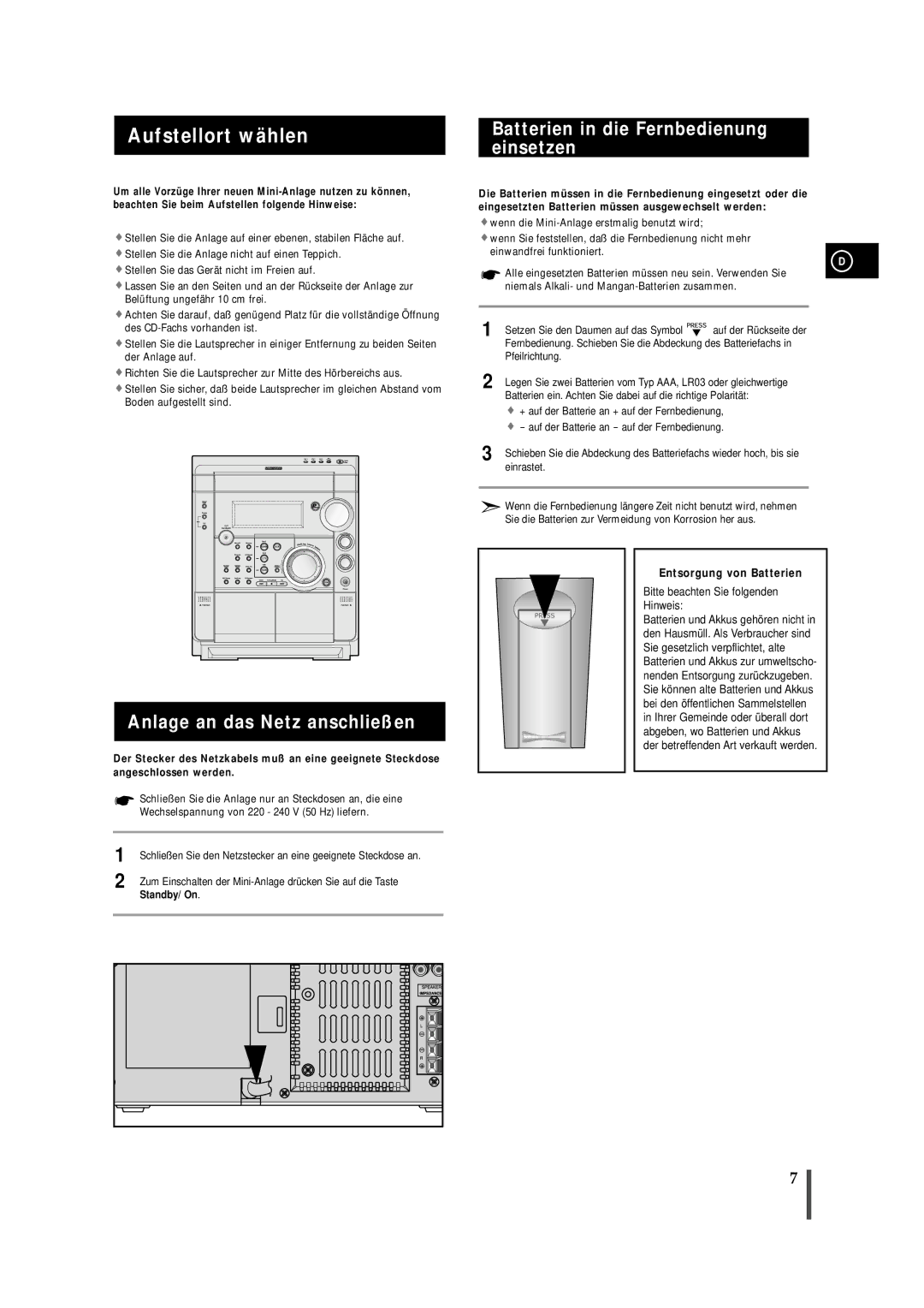 Samsung MAXS720RH/ELS manual Aufstellort wählen, Anlage an das Netz anschließen, Batterien in die Fernbedienung einsetzen 