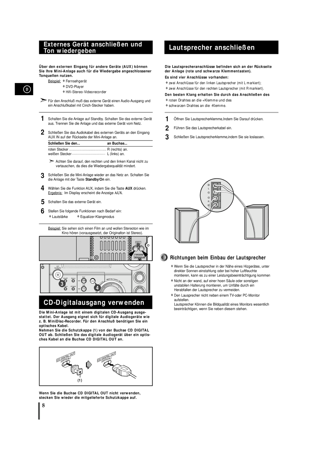 Samsung MAXS720RH/ELS manual Lautsprecher anschließen, CD-Digitalausgang verwenden, An Buchse 