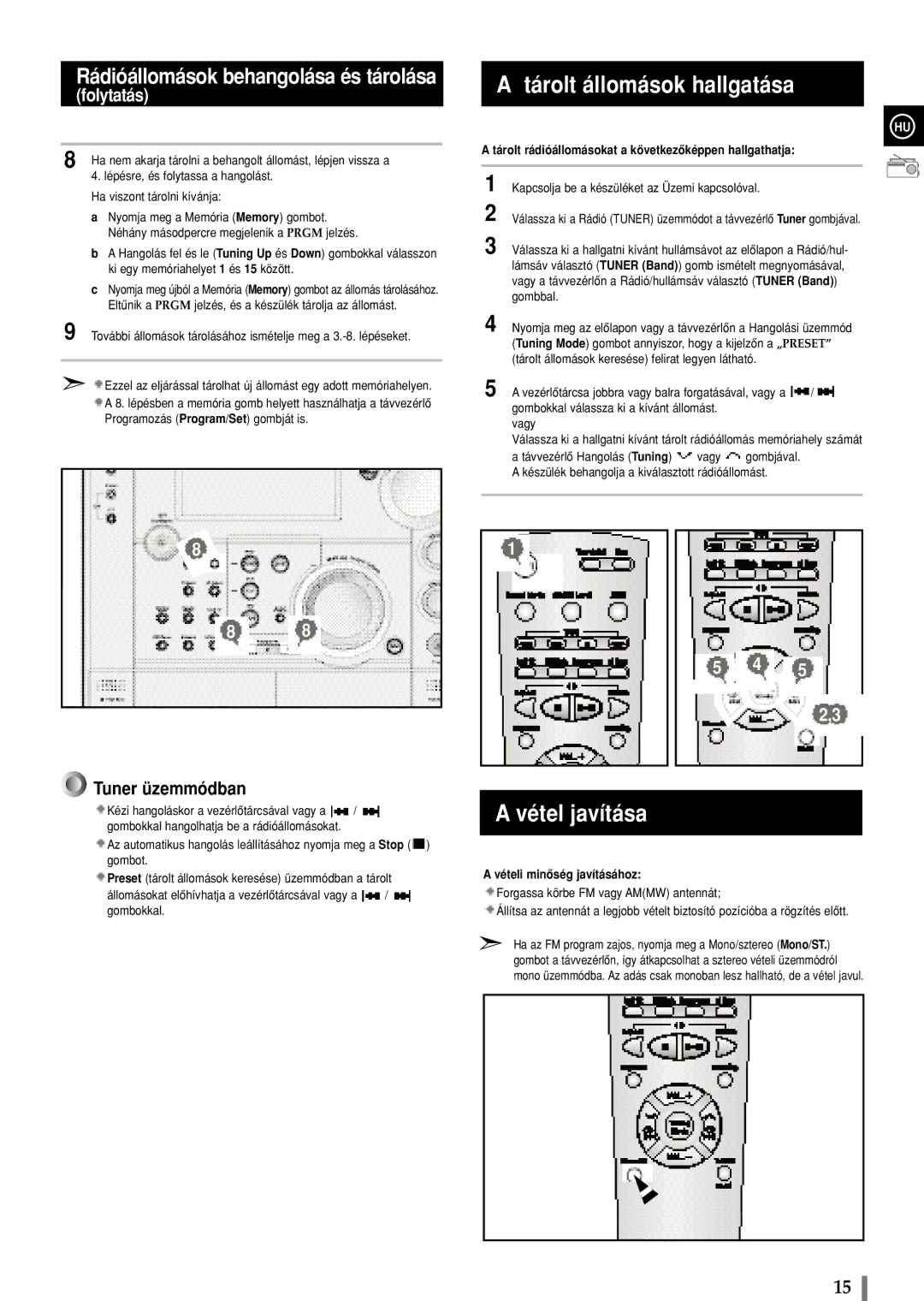 Samsung MAXS720RH/ELS manual Tárolt állomások hallgatása, Vétel javítása, Folytatás, Vételi minôség javításához 