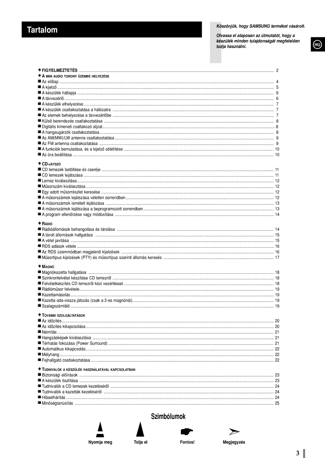 Samsung MAXS720RH/ELS manual Tartalom, Nyomja meg Tolja el Fontos 