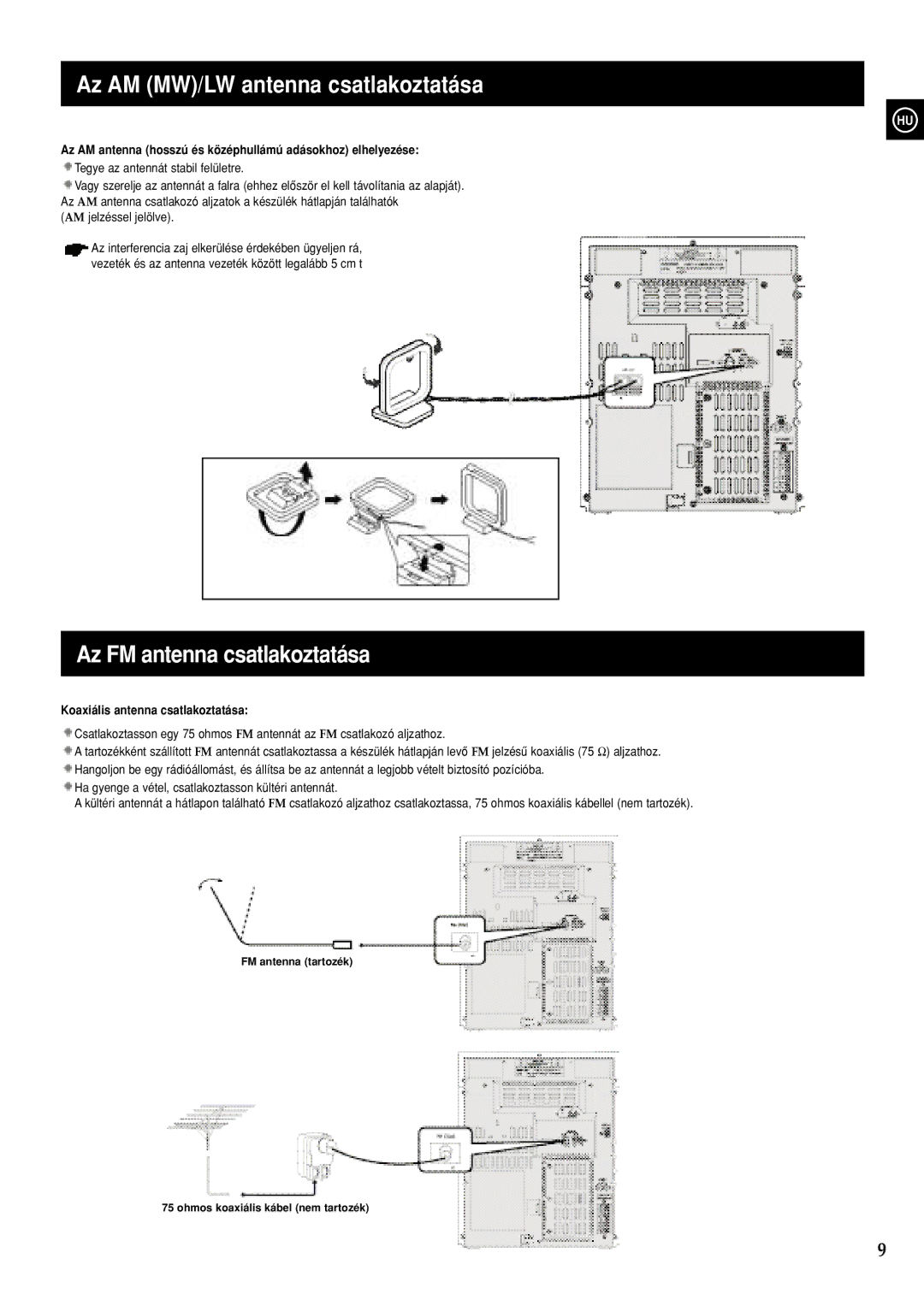 Samsung MAXS720RH/ELS manual Az AM MW/LW antenna csatlakoztatása, Az FM antenna csatlakoztatása 