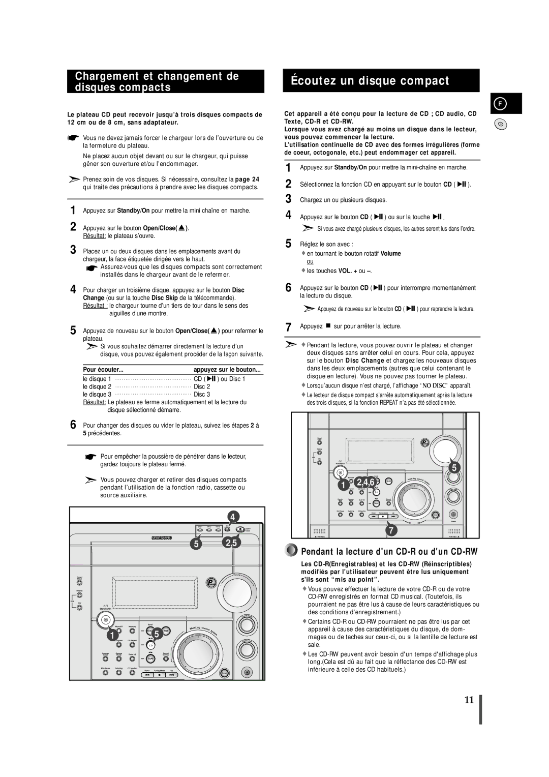 Samsung MAXS720RH/XEF manual Écoutez un disque compact, Chargement et changement de disques compacts, Pour é couter 