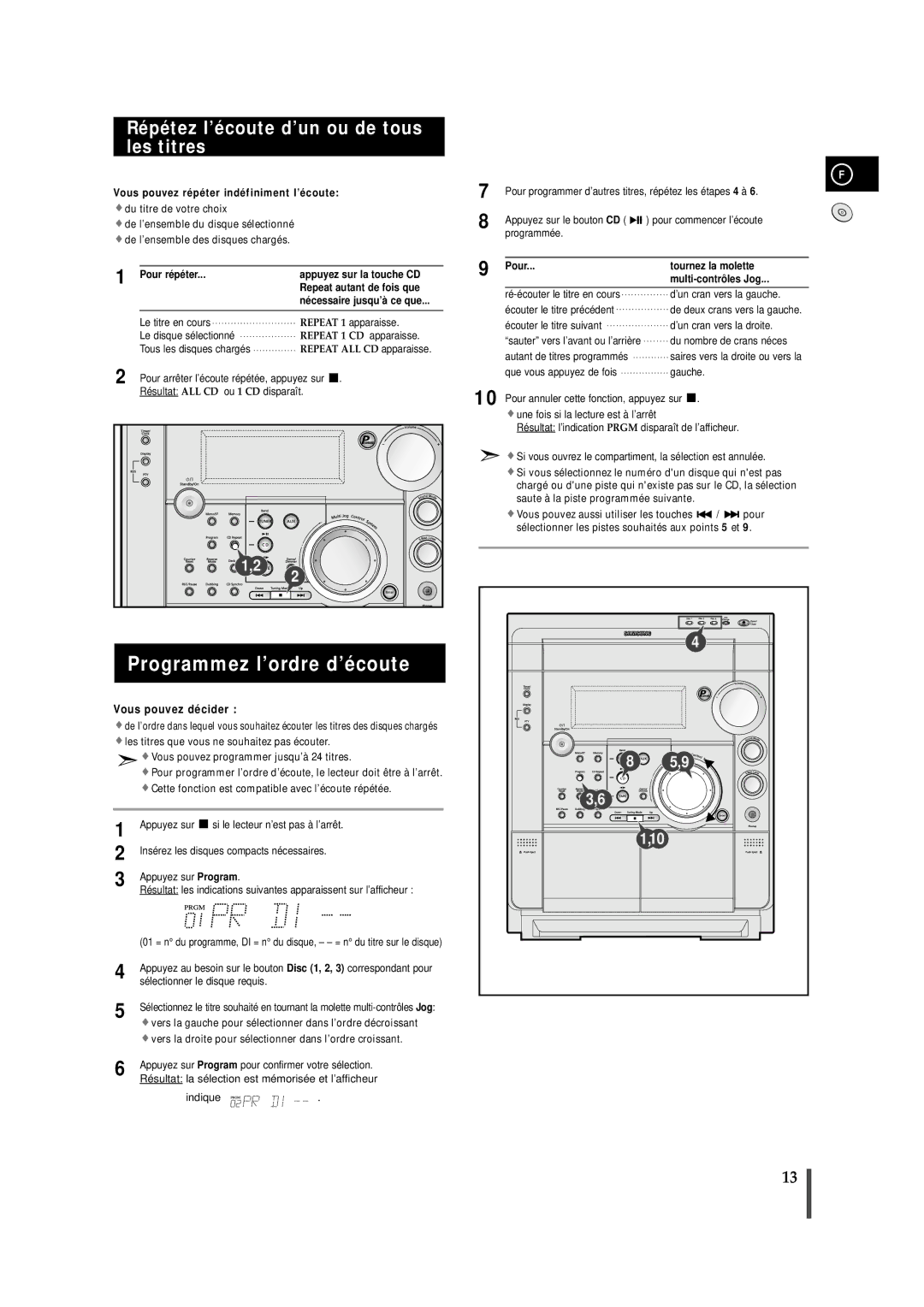 Samsung MAXS720RH/XEF manual Programmez l’ordre d’écoute, Répétez l’écoute d’un ou de tous les titres 