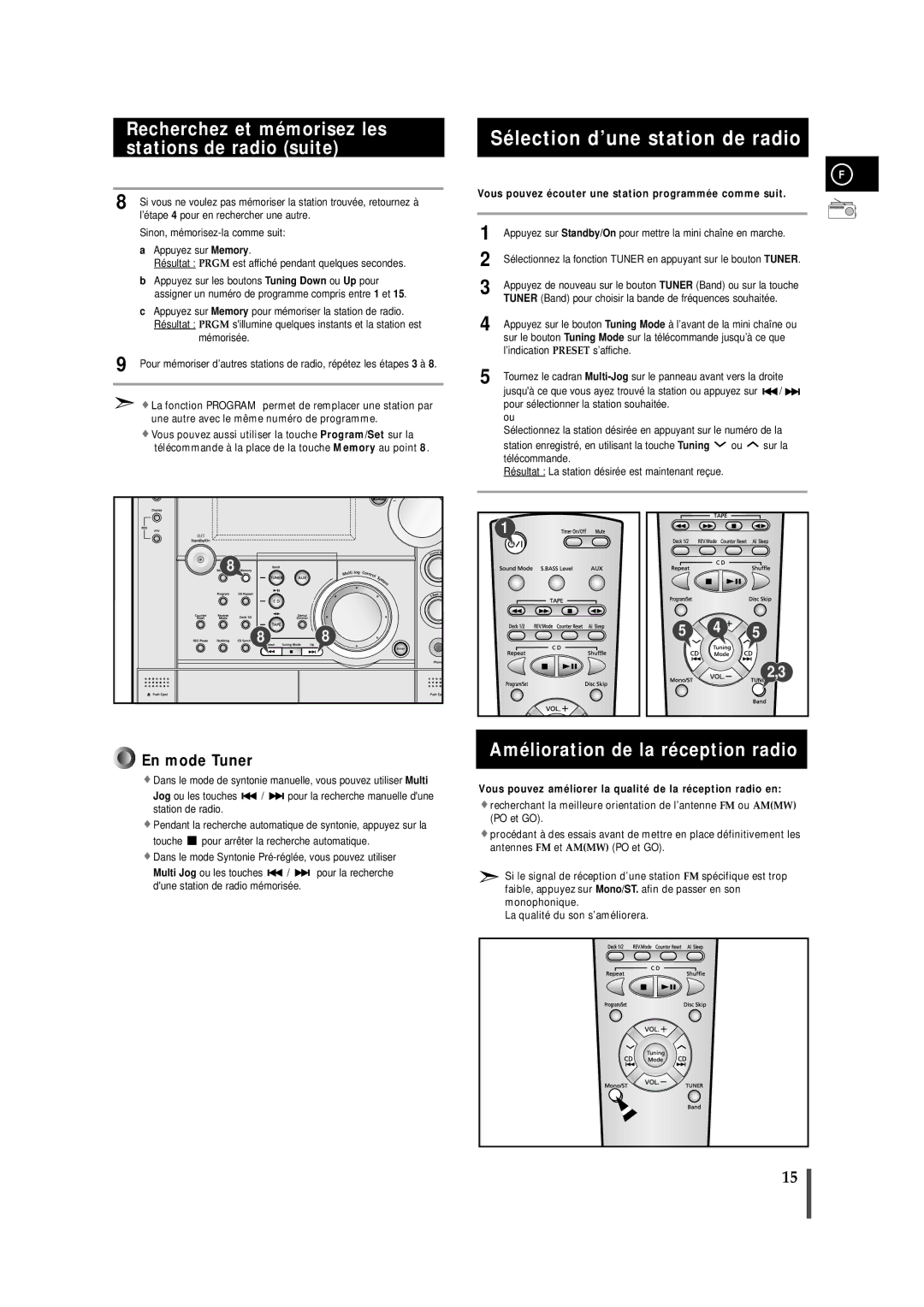 Samsung MAXS720RH/XEF manual Sélection d’une station de radio, Recherchez et mémorisez les stations de radio suite 