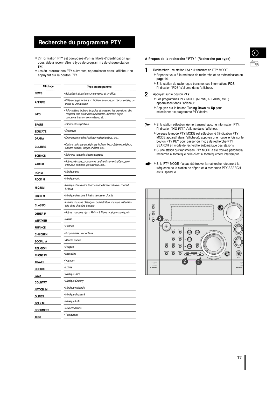 Samsung MAXS720RH/XEF manual Recherche du programme PTY, Propos de la recherche PTY Recherche par type 