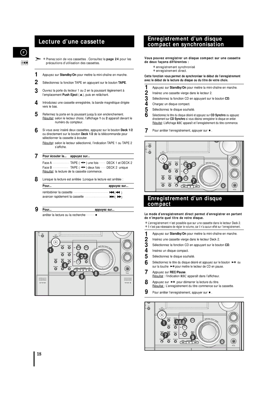 Samsung MAXS720RH/XEF Lecture d’une cassette, Enregistrement d’un disque compact en synchronisation, Pour Appuyez sur 