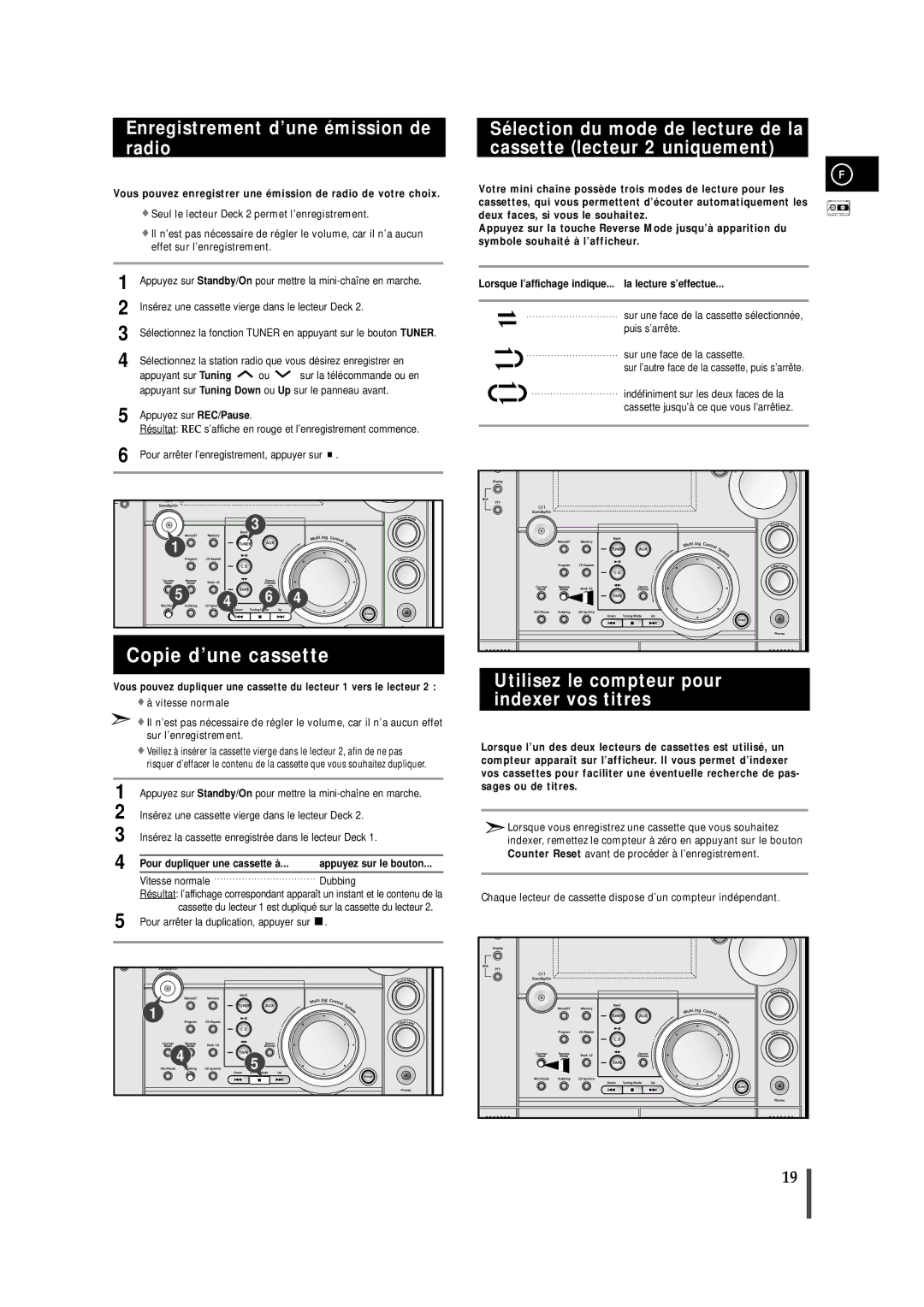 Samsung MAXS720RH/XEF manual Copie d’une cassette, Enregistrement d’une émission de radio, Pour dupliquer une cassette à 