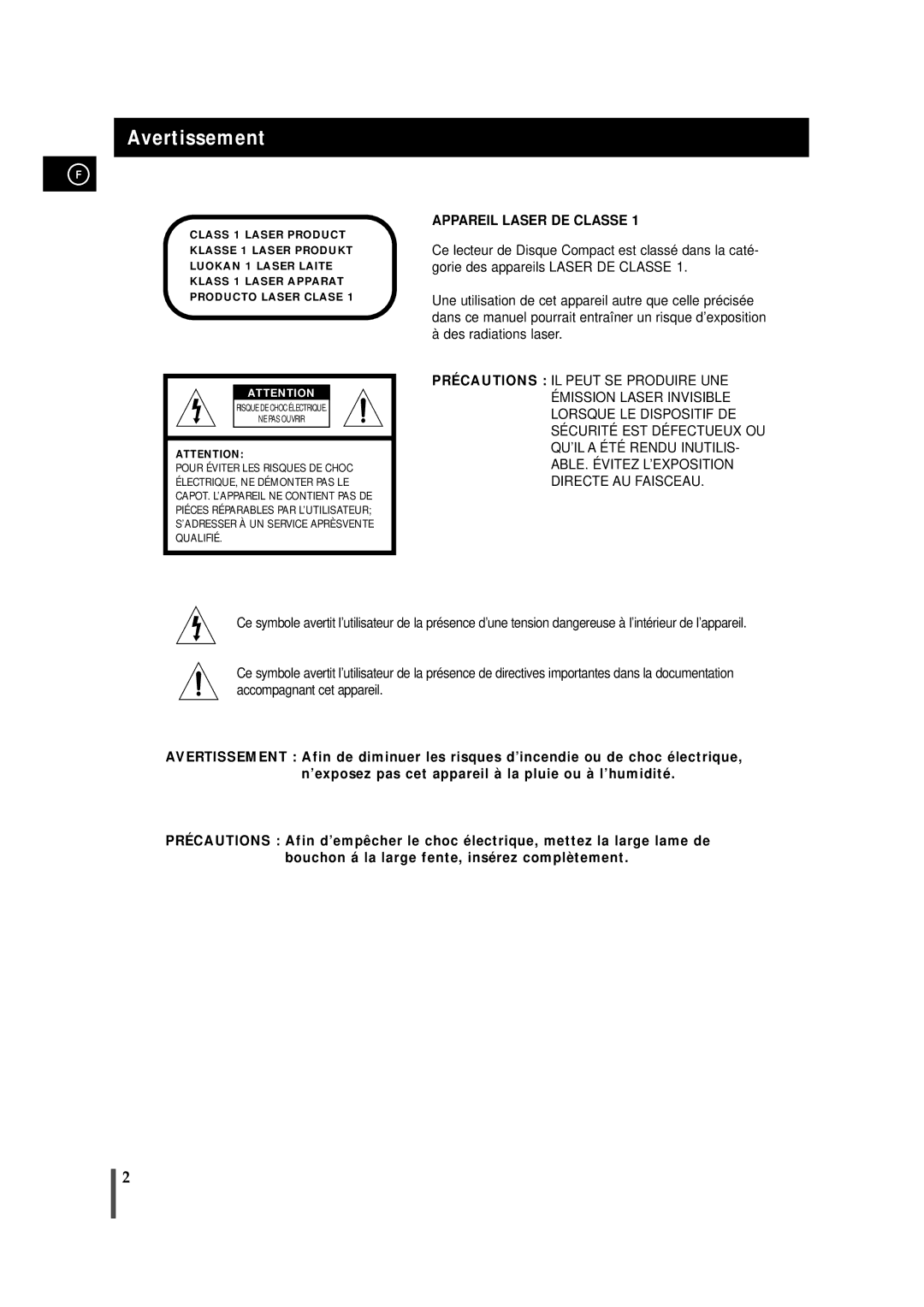 Samsung MAXS720RH/XEF manual Avertissement, Appareil Laser DE Classe 