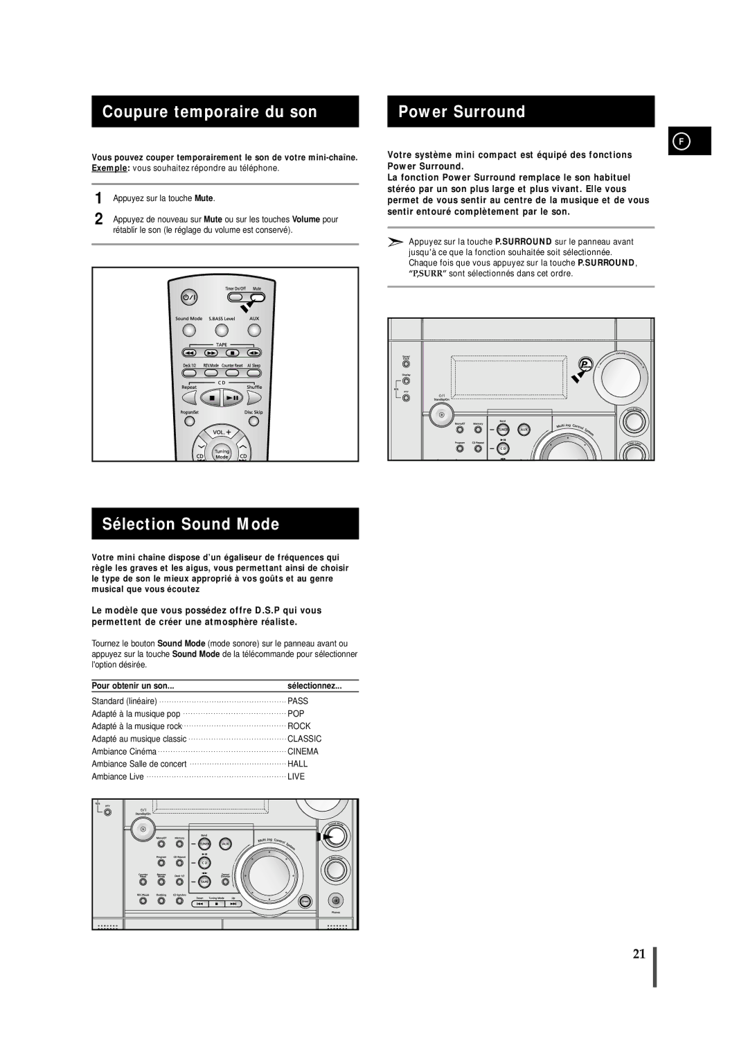 Samsung MAXS720RH/XEF Coupure temporaire du son, Sélection Sound Mode, Power Surround, Pour obtenir un son Sé lectionnez 