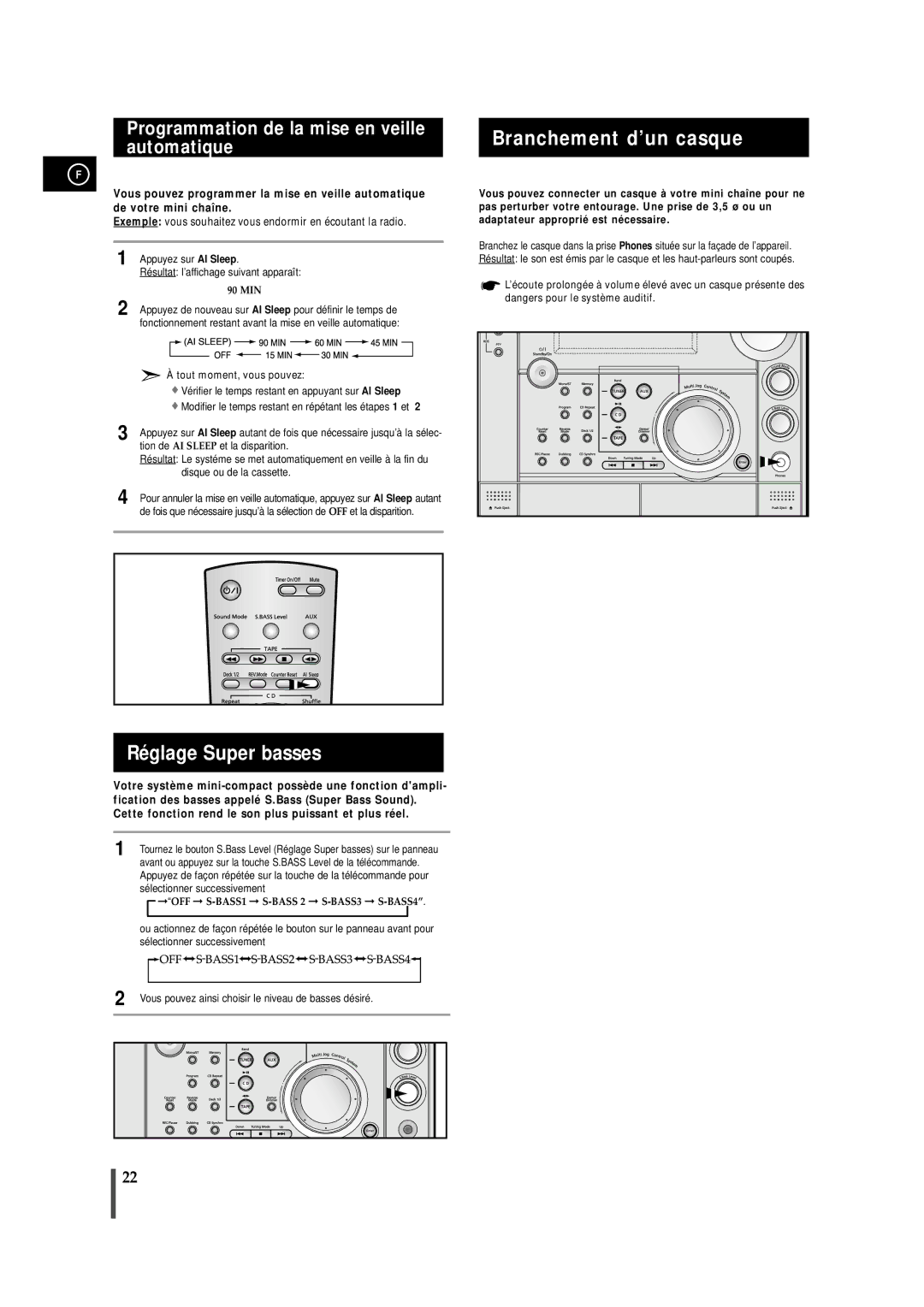 Samsung MAXS720RH/XEF manual Réglage Super basses, Branchement d’un casque, Programmation de la mise en veille automatique 