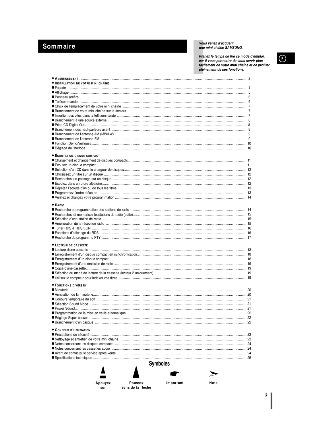 Samsung MAXS720RH/XEF manual Sommaire, Appuyez, Sur Sens de la flèche 