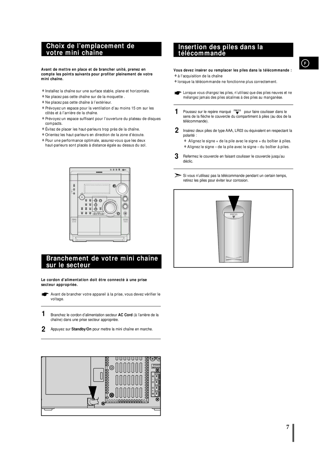 Samsung MAXS720RH/XEF manual Choix de l’emplacement de votre mini chaîne, Branchement de votre mini chaîne sur le secteur 