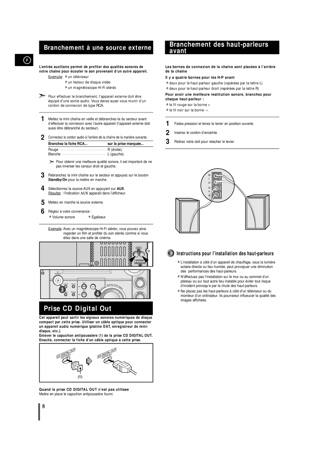 Samsung MAXS720RH/XEF manual Prise CD Digital Out, Branchement des haut-parleurs avant, Branchement à une source externe 