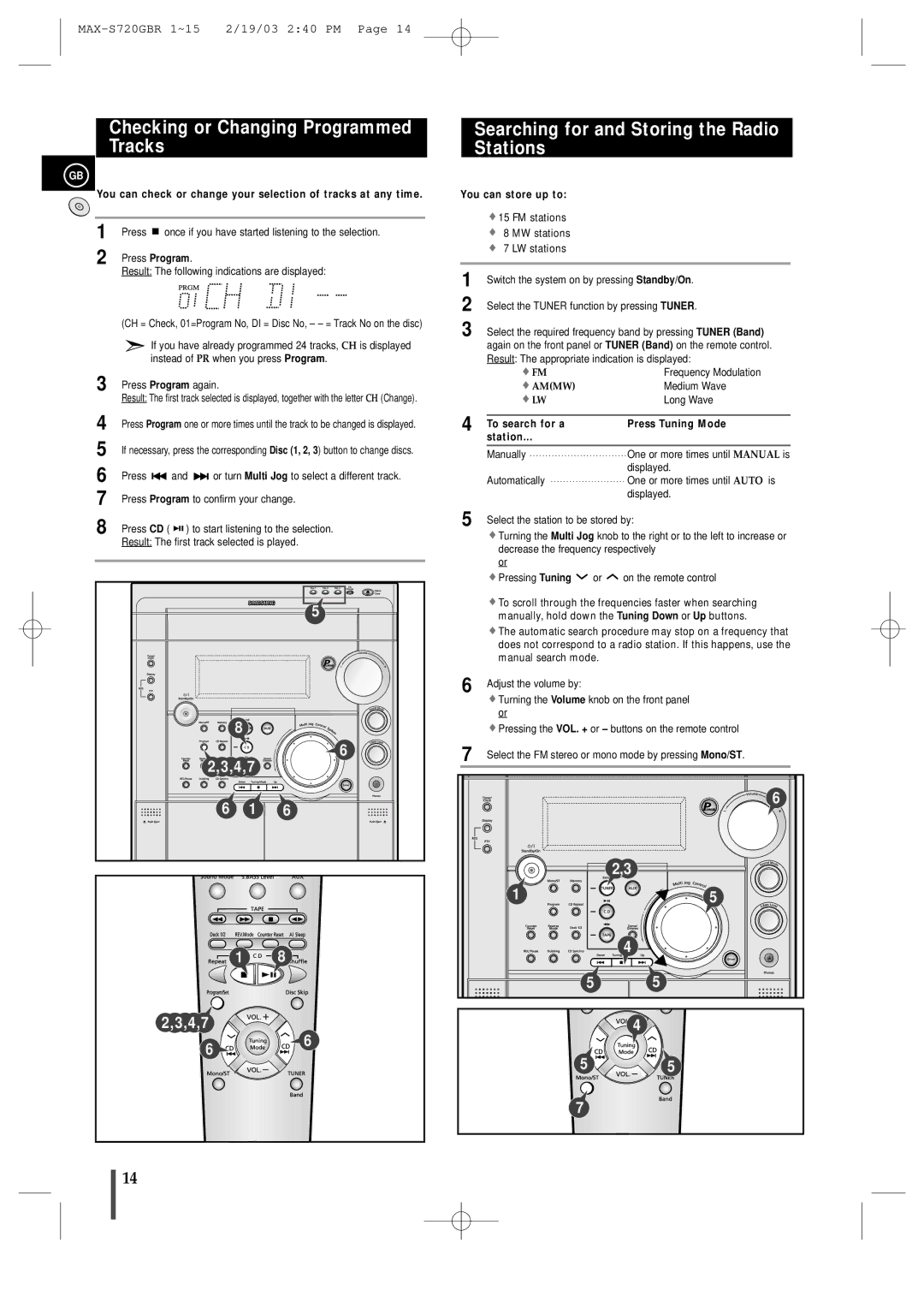 Samsung MAXS725RH/XEF manual Checking or Changing Programmed Tracks, Searching for and Storing the Radio Stations 