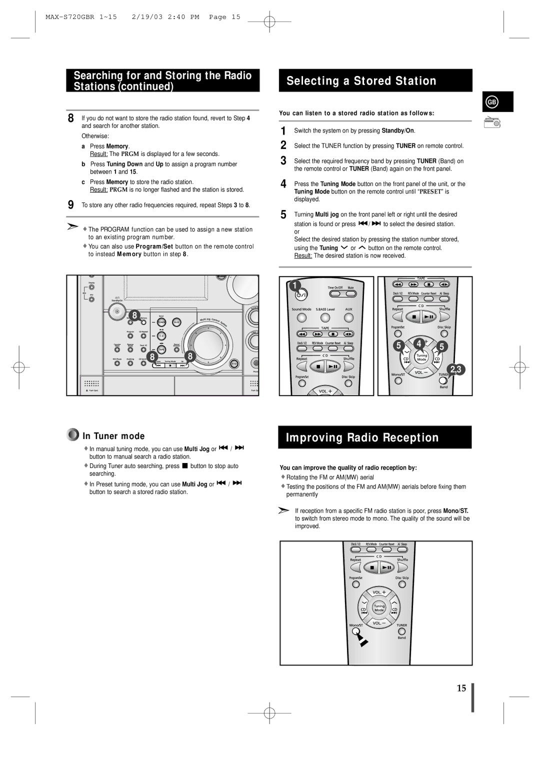 Samsung MAXS725RH/XEF manual Selecting a Stored Station, Improving Radio Reception 