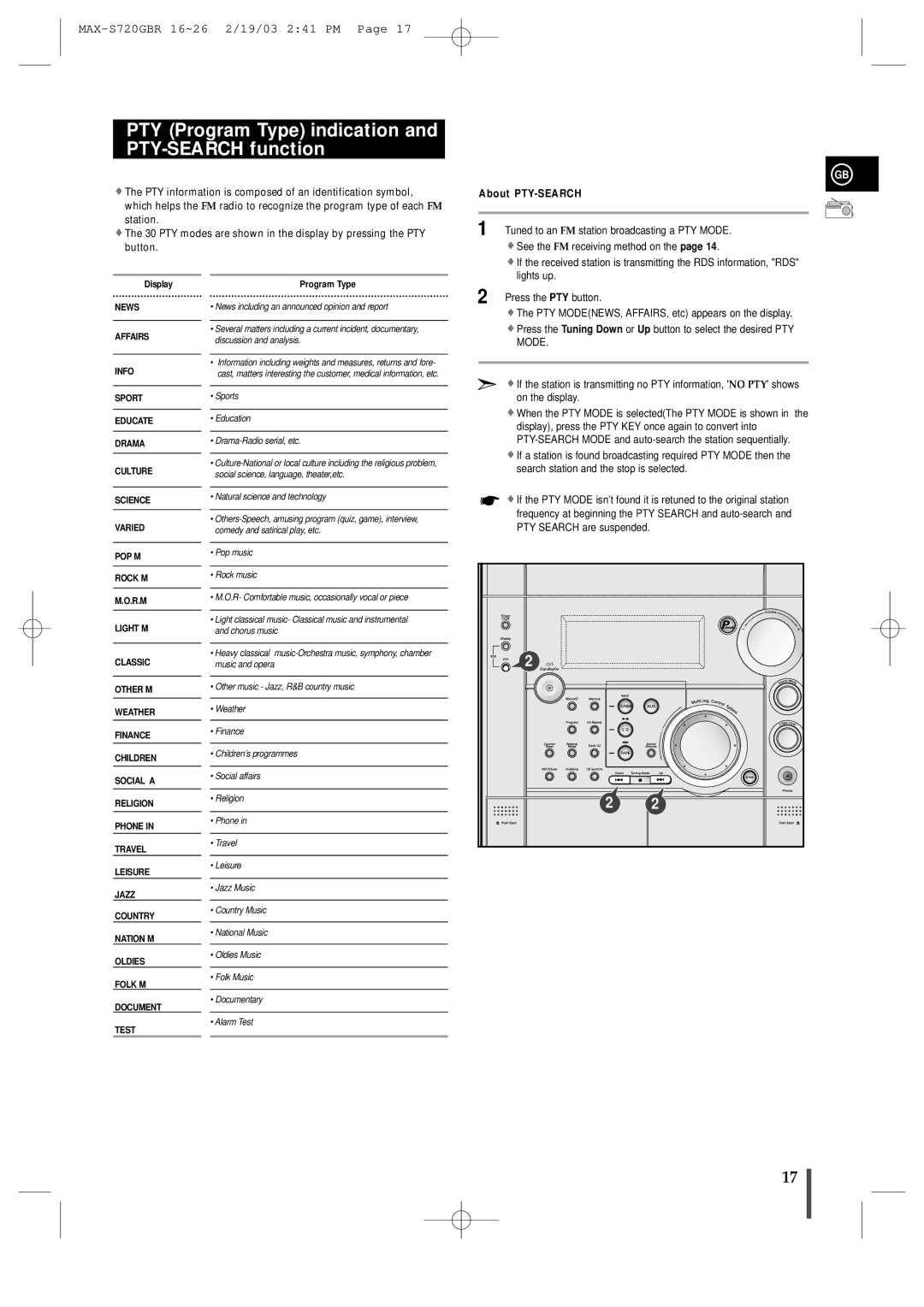 Samsung MAXS725RH/XEF manual PTY Program Type indication and PTY-SEARCH function, About PTY-SEARCH 