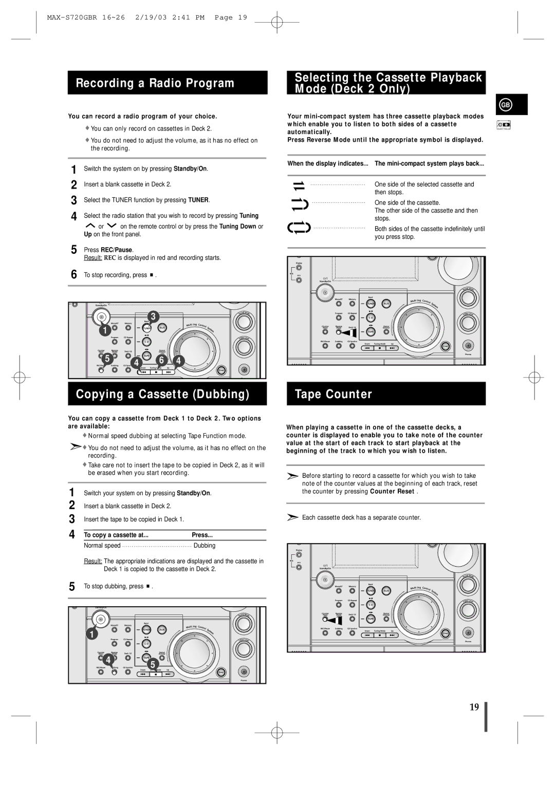 Samsung MAXS725RH/XEF manual Recording a Radio Program, Copying a Cassette Dubbing, Tape Counter 