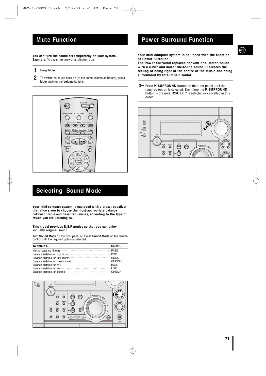 Samsung MAXS725RH/XEF manual Mute Function, Selecting Sound Mode, Power Surround Function, To obtain a Select 