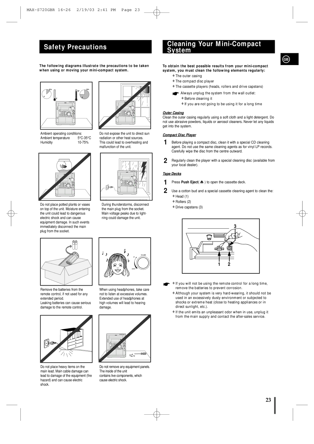 Samsung MAXS725RH/XEF manual Safety Precautions Cleaning Your Mini-Compact System, Press Push Eject 