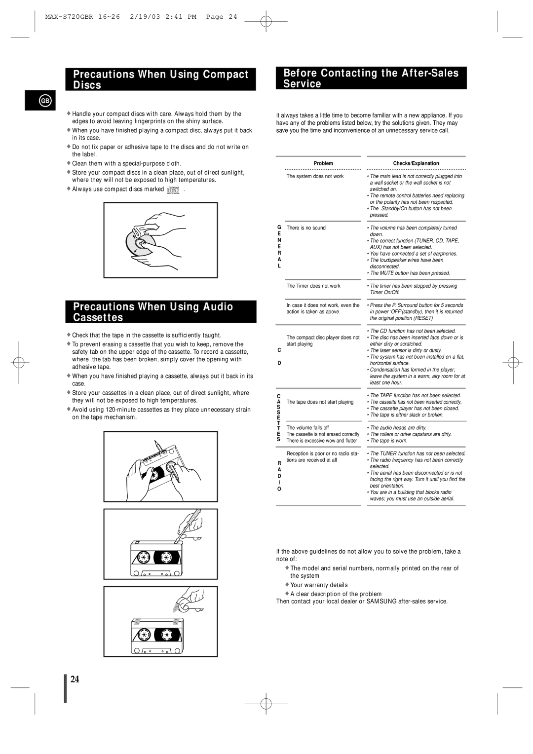 Samsung MAXS725RH/XEF manual Precautions When Using Compact Discs, Before Contacting the After-Sales Service 