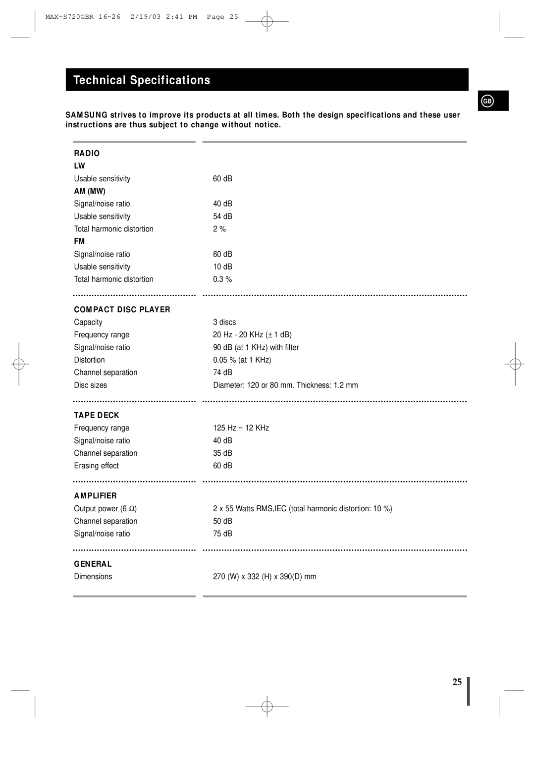 Samsung MAXS725RH/XEF manual Technical Specifications, Compact Disc Player 