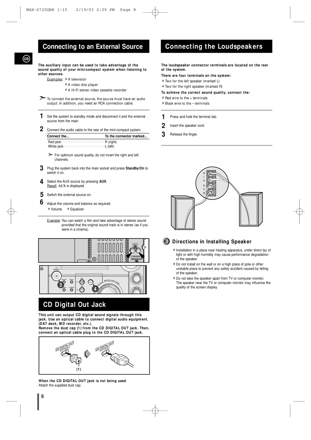 Samsung MAXS725RH/XEF manual Connecting to an External Source, CD Digital Out Jack, Connecting the Loudspeakers 