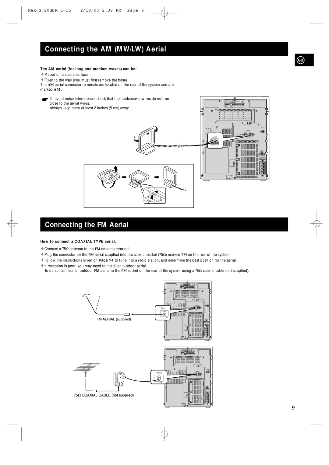 Samsung MAXS725RH/XEF Connecting the AM MW/LW Aerial, Connecting the FM Aerial, AM aerial for long and medium waves can be 