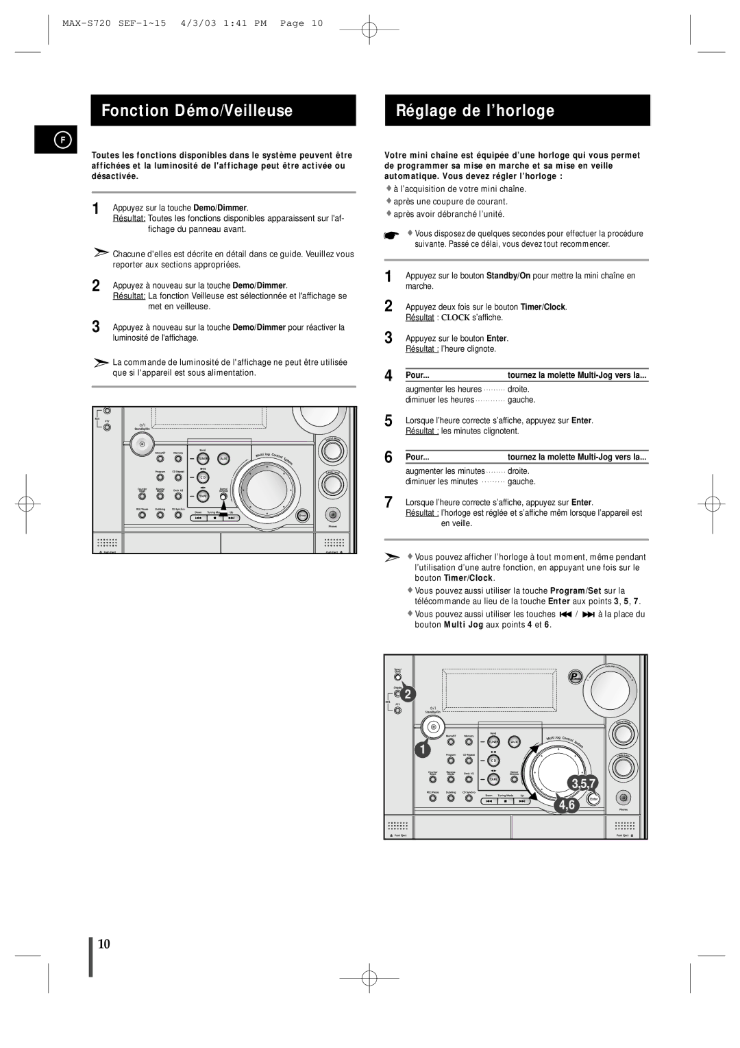 Samsung MAXS725RH/XEF manual Fonction Démo/Veilleuse, Réglage de l’horloge, Pour 