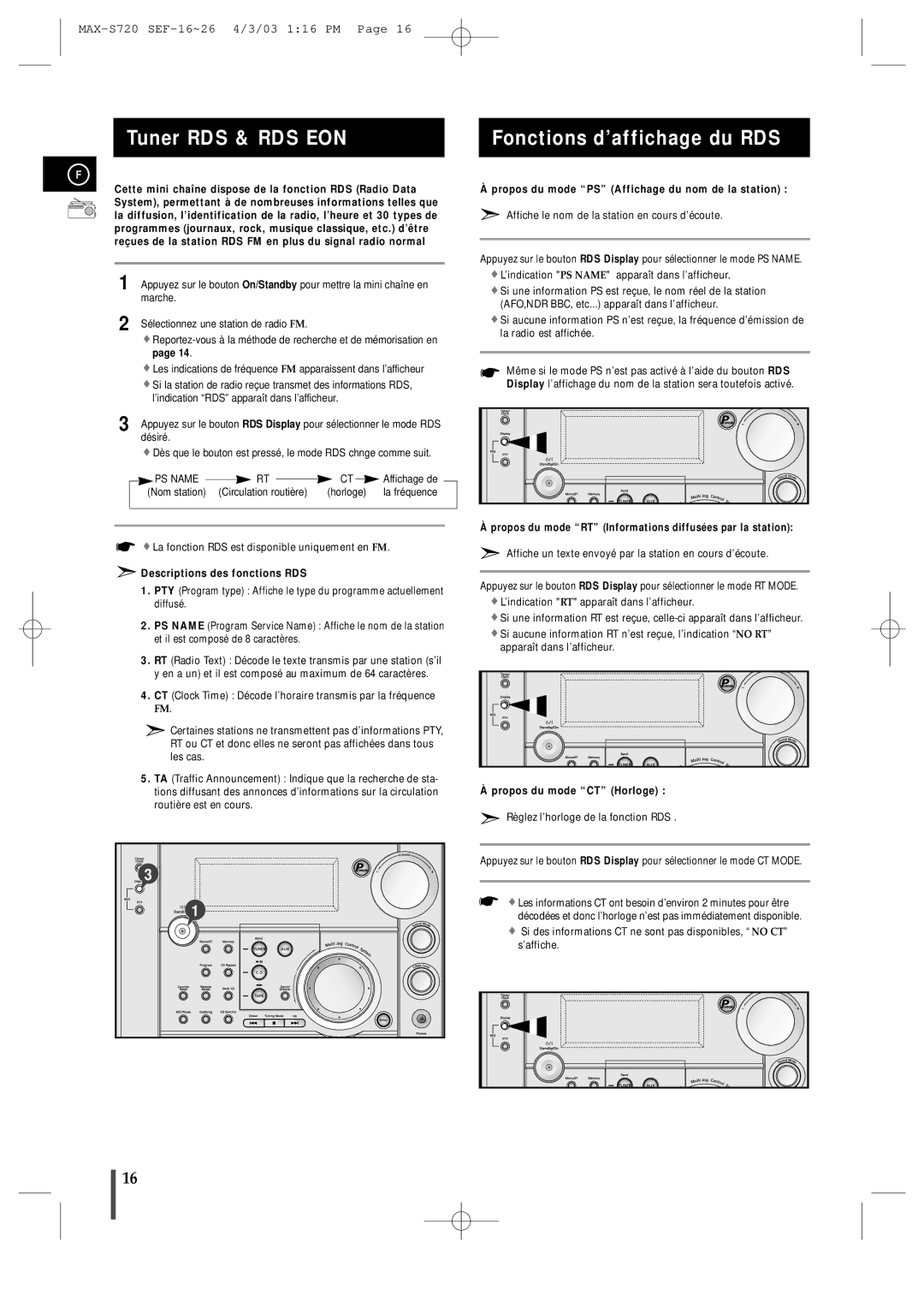 Samsung MAXS725RH/XEF manual Tuner RDS & RDS EON, Fonctions d’affichage du RDS 