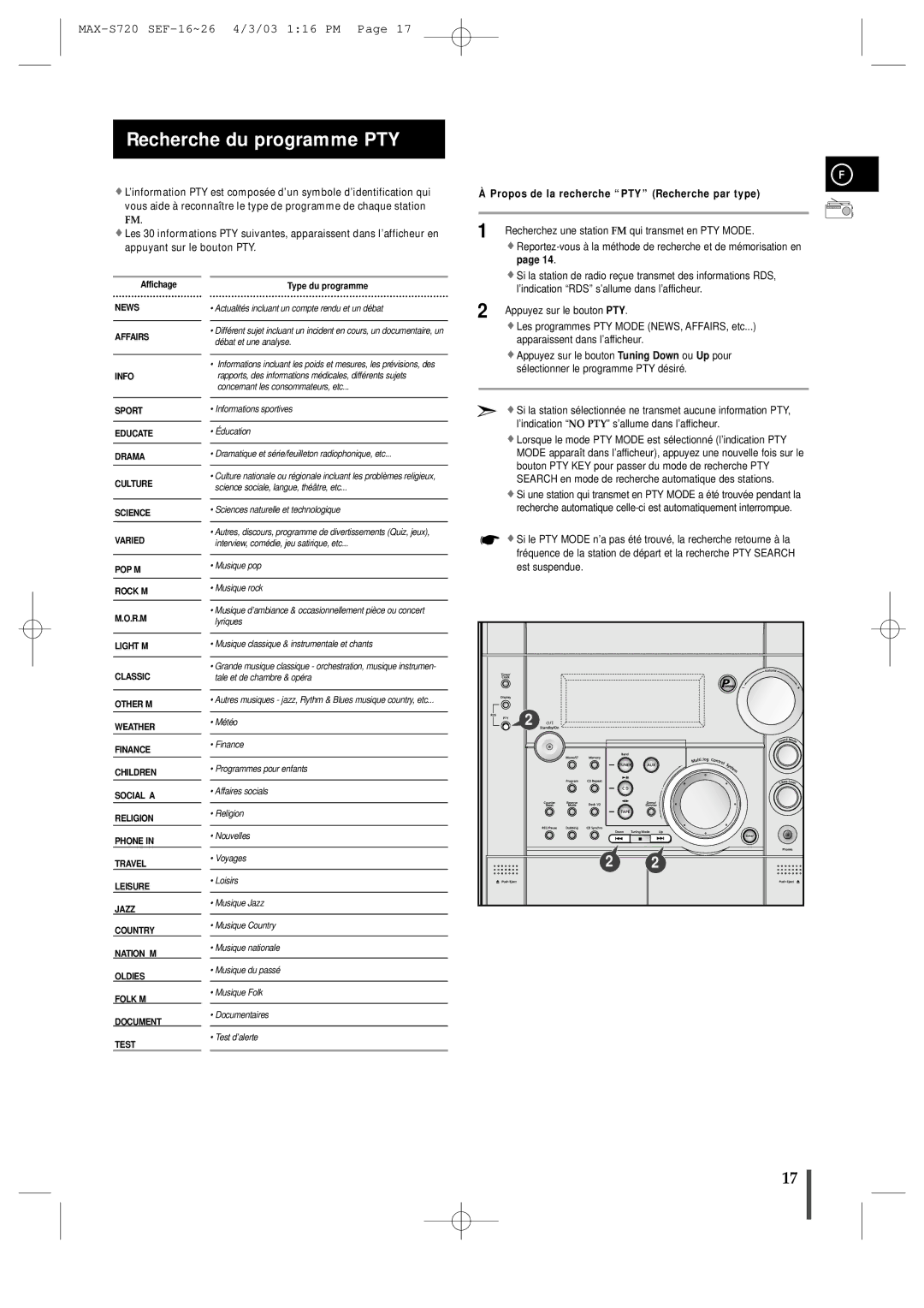 Samsung MAXS725RH/XEF manual Recherche du programme PTY, Propos de la recherche PTY Recherche par type 