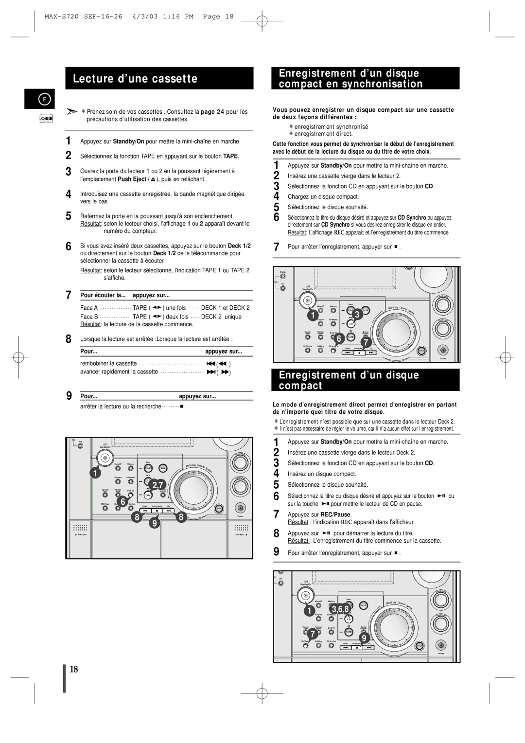 Samsung MAXS725RH/XEF Lecture d’une cassette, Enregistrement d’un disque compact en synchronisation, Pour Appuyez sur 