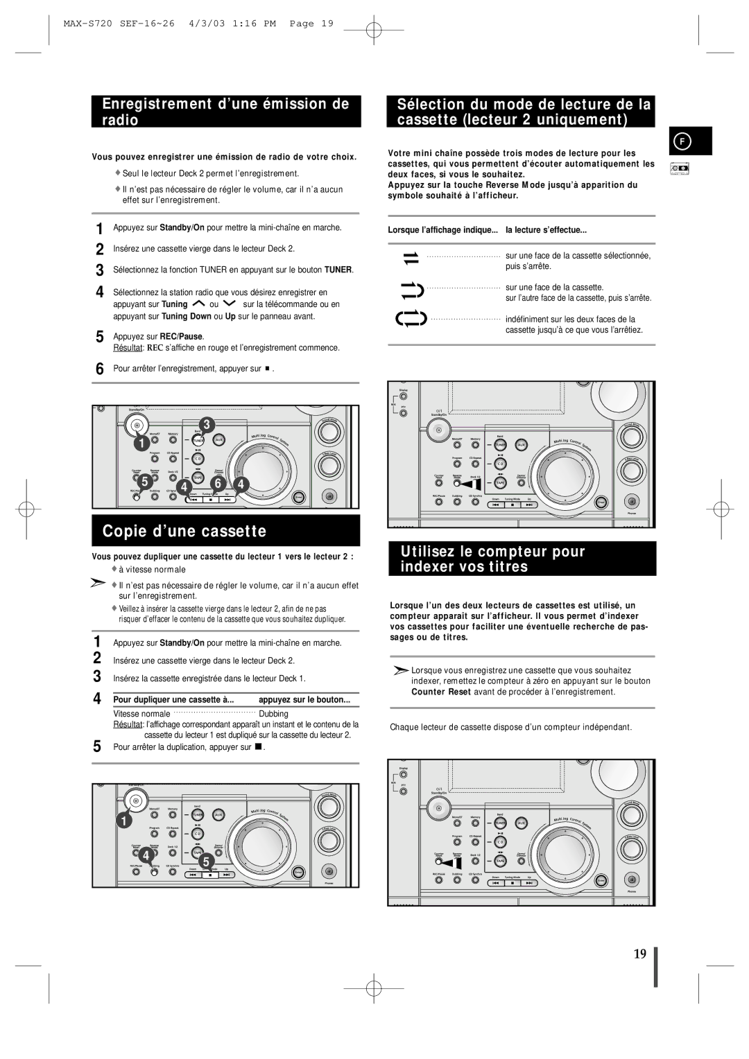 Samsung MAXS725RH/XEF manual Copie d’une cassette, Enregistrement d’une émission de radio, Pour dupliquer une cassette à 