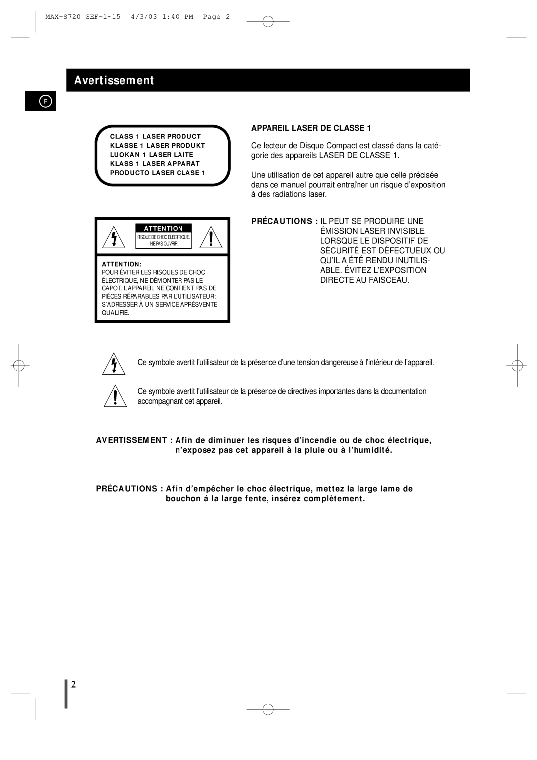 Samsung MAXS725RH/XEF manual Avertissement, Appareil Laser DE Classe 