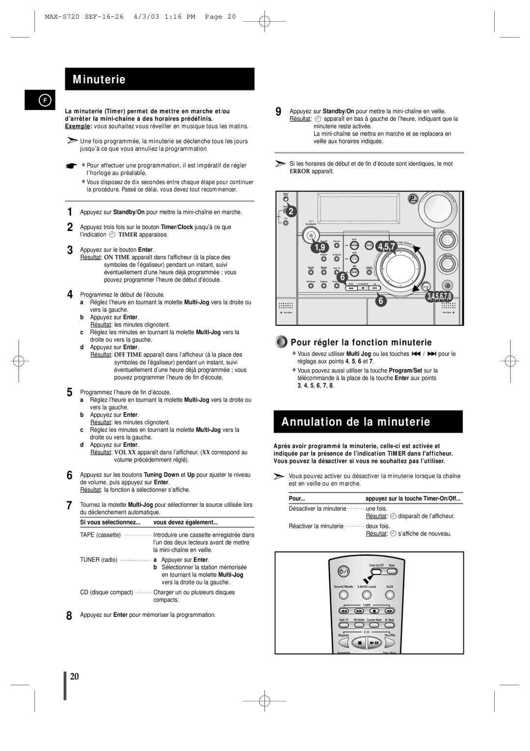 Samsung MAXS725RH/XEF manual Minuterie, Annulation de la minuterie, Si vous sélectionnez Vous devez également 